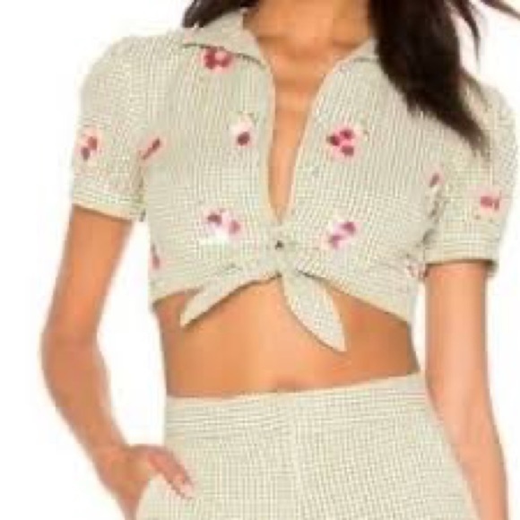 LPA Gingham Green Sequin Top Size XS - Picture 2 of 9